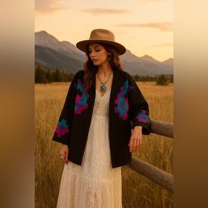 Unique vintage native Navajo western long jacket embroidred XL Brown chocolate